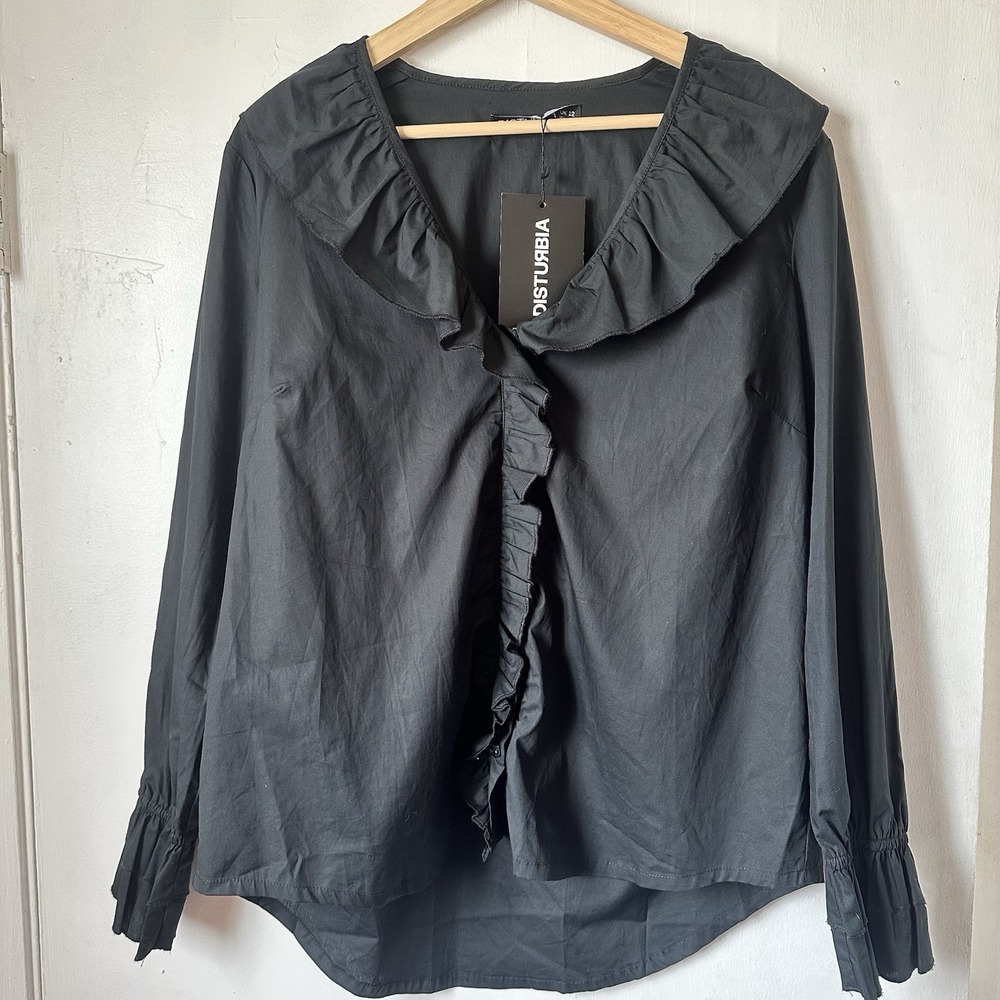 Disturbia UK Fantomette Blouse Button Down Goth Whimsigoth Ruffle Sleeve Uk 12